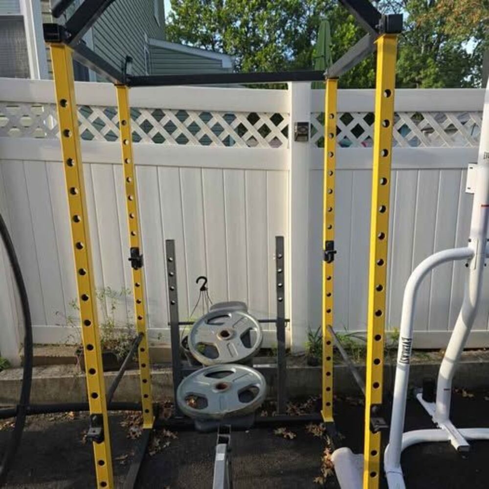Heavy Duty Power Rack Squat Cage + Bench + Pair 45lb Dumbbells Home Gym Setup